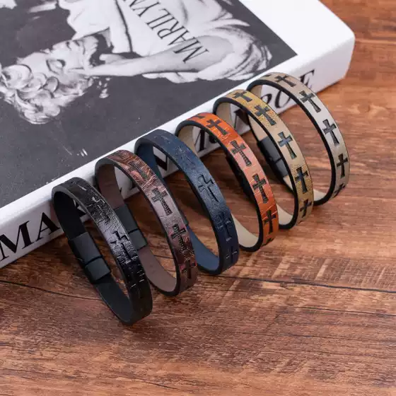 Cross-Border New European and American Retro Men's Leather Bracelet, Hand-Woven Printed Leather Cross, Can Be Engraved