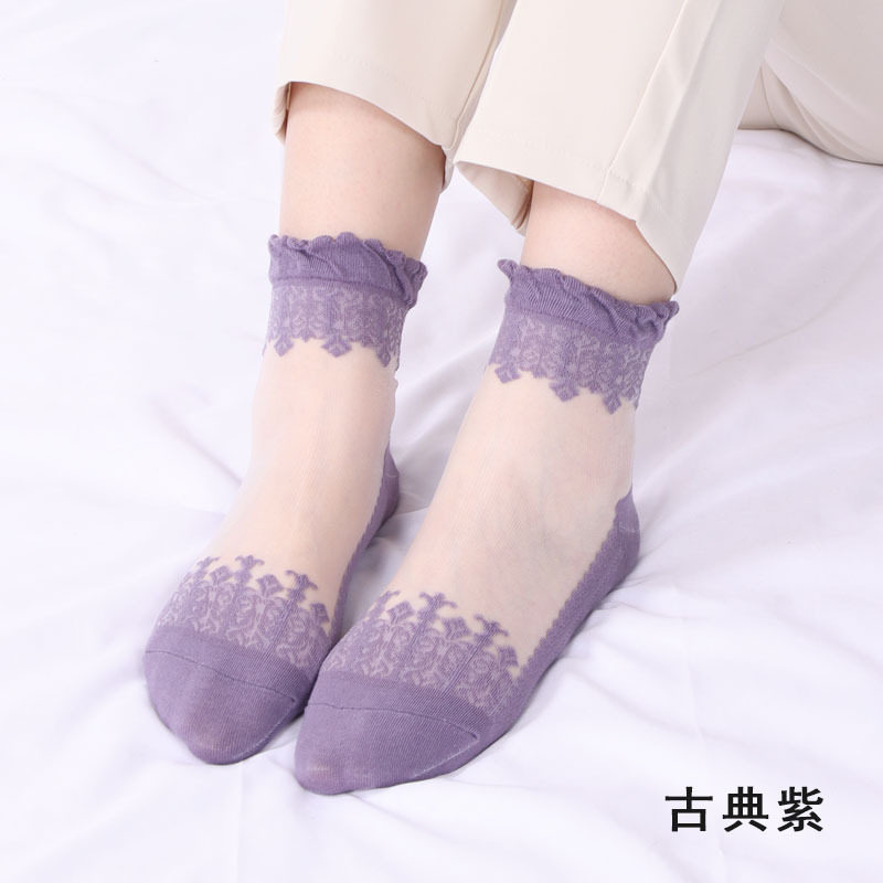 春季薄款中筒袜棉底玻璃丝袜子女蕾丝花边短款袜子防滑透气水晶袜