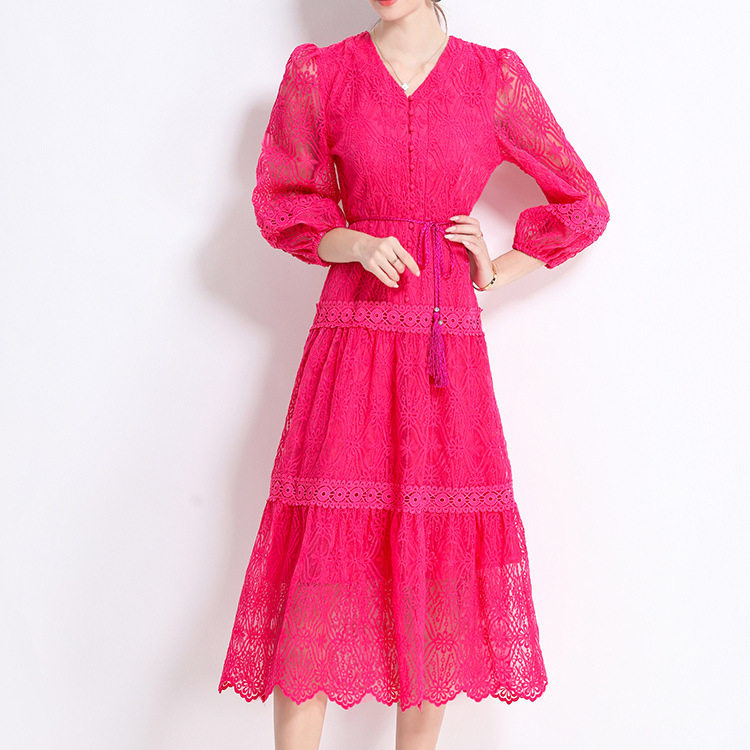 Elegant French Style Womens Dress High End Design Waist Tie Lantern Sleeves Embroidered Tulle Perfect for Formal