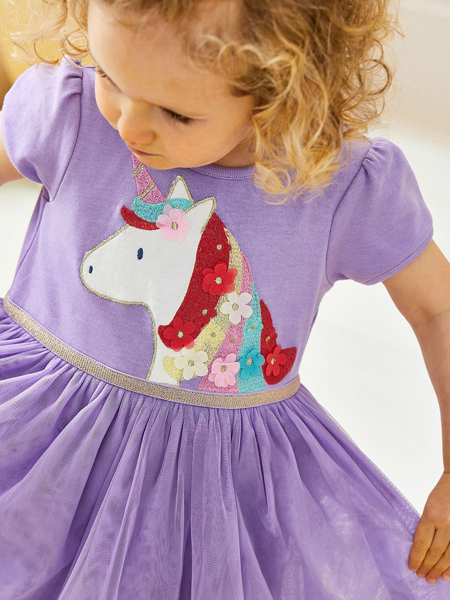 Kids' Summer Short-Sleeve Mesh Princess Dress, Cute Cotton Dress
