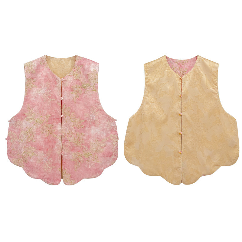 Áo gile nữ dáng vest hai mặt họa tiết hoa cổ chữ V — Màu hồng [Đôi mặt]