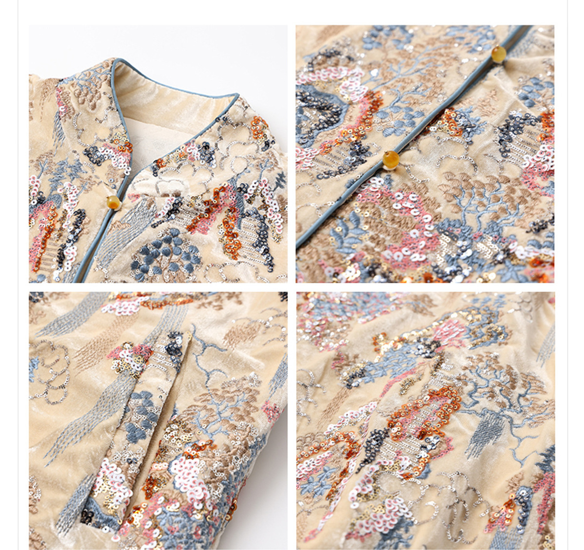 Áo khoác nữ dáng suông thêu hoa đính sequin cổ đứng dài tay — Đặt hàng màu trà sữa (giao hàng trong ngày), Đơn hàng trà sữa (giao hàng trong 7 ngày), Màu trà sữa bằng cotton (giao hàng trong ngày), Trà sữa màu plus cotton (giao hàng trong 7 ngày)