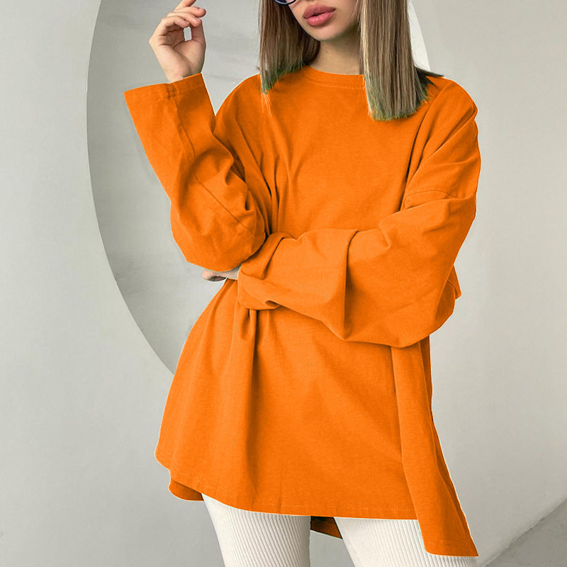 Loose Fit Long Sleeve Split T Shirt for Women 100 Cotton Solid Color Casual Style Spring Summer Collection