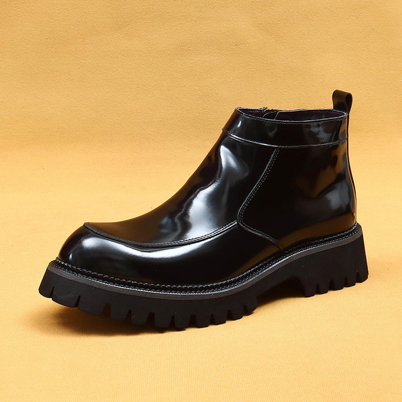 Boot Nam Da Bóng Đế Dày Chiều Cao Đế Khoảng 5cm Khóa Kéo Hông Màu Đen