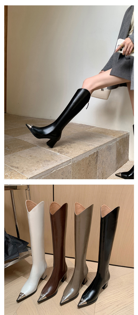 Boot nữ cổ cao mũi nhọn da bò gót thô phong cách kỵ sĩ — Màu be lót nhung bên trong, Màu be một lớp lót trong, Màu đen lót một lớp, Màu đen lót nhung