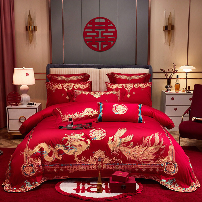 Wedding Baizi picture wedding four-piece set pure cotton big red happy quilt bedding wedding accompany dowry dragon and phoenix six-piece set