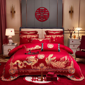 Wedding Baizi picture wedding four-piece set pure cotton big red happy quilt bedding wedding accompany dowry dragon and phoenix six-piece set