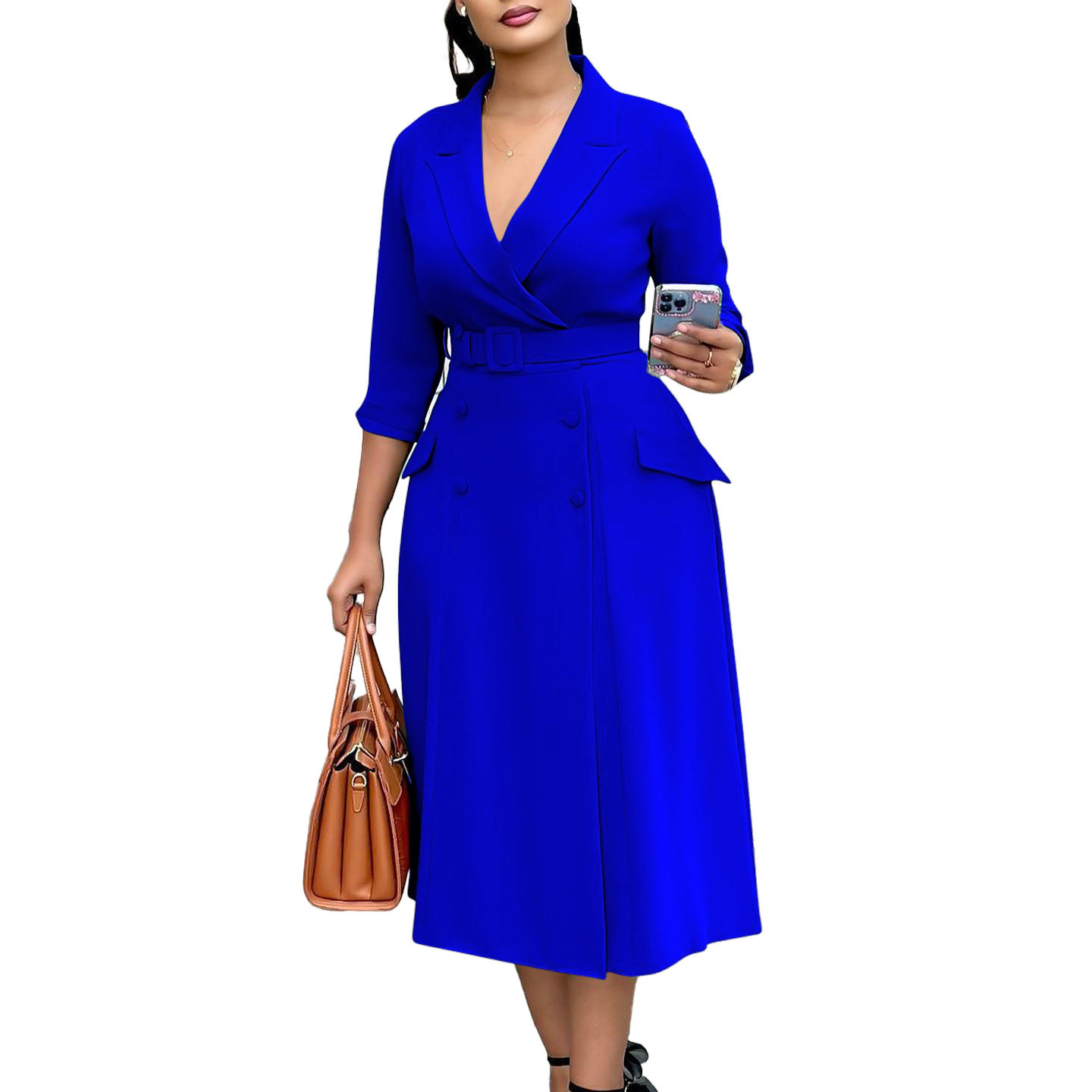 Double Breasted Blazer Dress Elegant Solid Color Mid Length Fashionable Design Perfect for Office or Casual Events