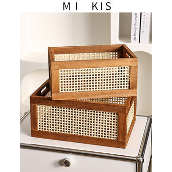 Retro hollow rattan storage basket wooden rectangular storage box Japanese style living room toy book storage basket in stock