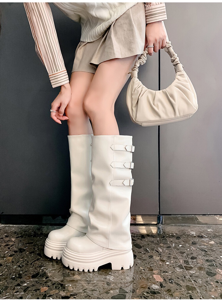 Boot nữ cổ cao ôm bắp chân da bò đế dày tôn dáng — Lớp lót đơn màu nâu 12cm, Lớp lót đơn màu nâu 15cm, Lớp lót đơn màu trắng nhạt 12cm, Lớp lót đơn màu trắng nhạt 15cm
