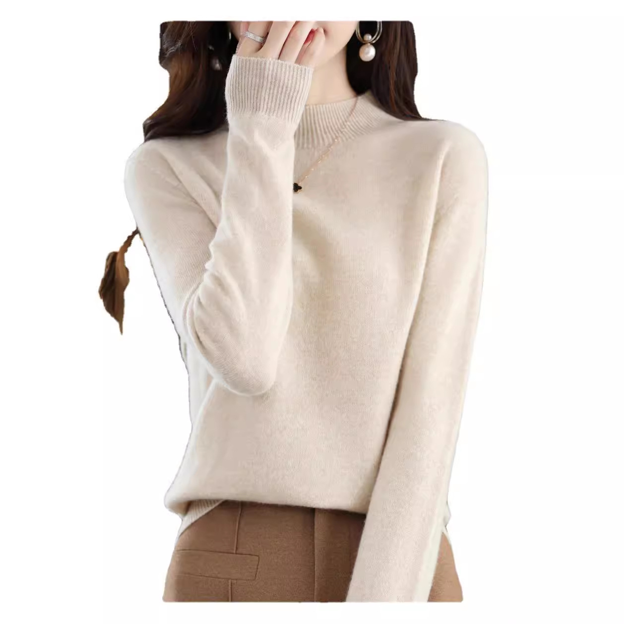 雪桐半高领针织衫长袖套头内搭打底都市女装秋冬保暖宽松毛衣纯色