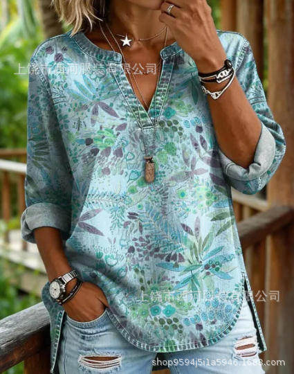 新款跨境独立站2026春季女装花卉印花V领休闲女装衬衫上衣复古
