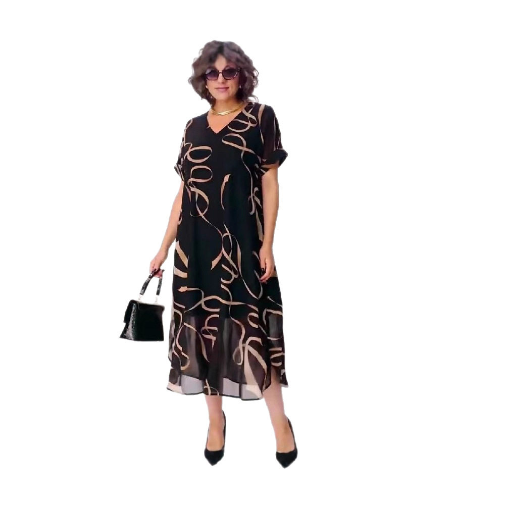 2025欧美时尚新款跨境优雅印花V领连衣裙大码女装气质通勤中长裙