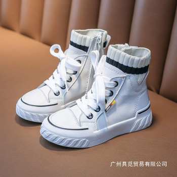 Girls' Shoes Boots 2025 Spring & Fall New Student Sneakers High-Top Kidsren's White Shoes Soft-Soled Leather Shoes