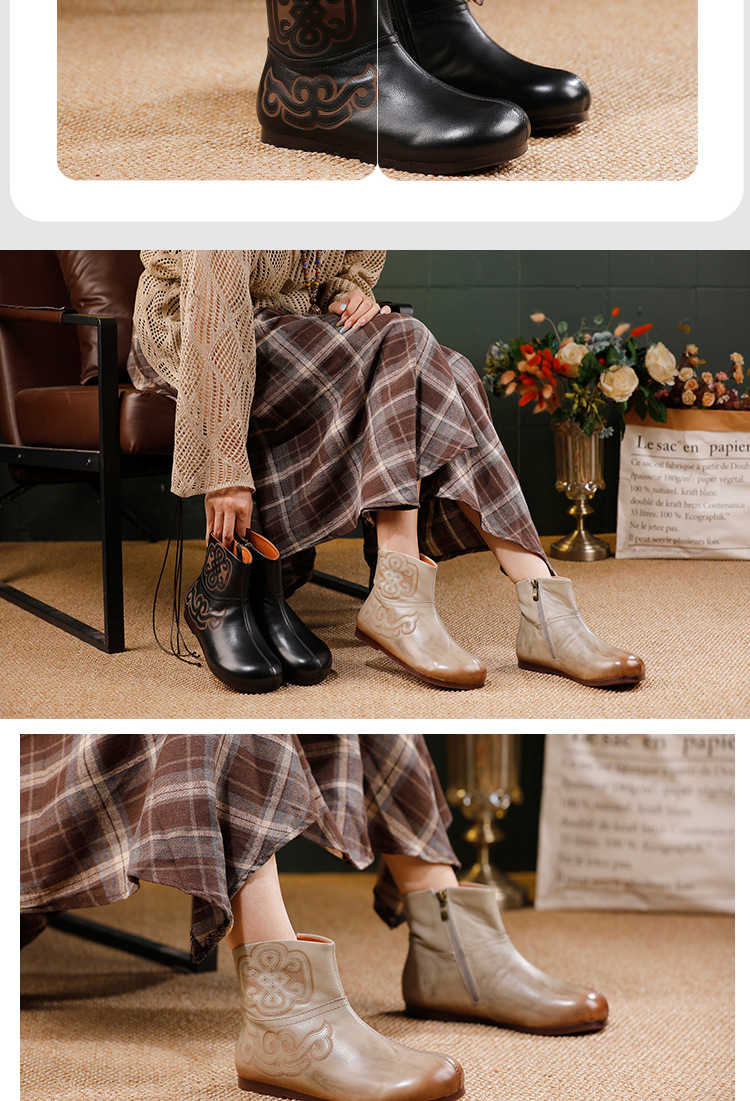 Boot nữ cổ thấp da bò thật đế bằng mềm êm chân — đen, xám