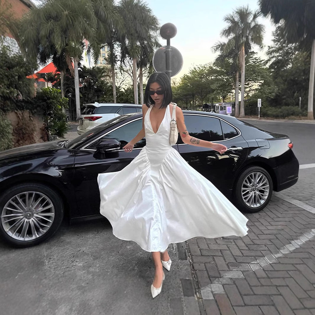 V Neck Halter Dress Sexy Slim Fit Elegant White French Princess Style for Autumn Wholesale Available