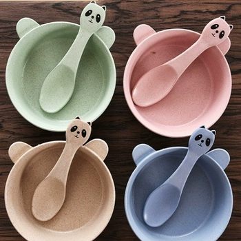 Wheat Straw Tableware Set, Wheat Straw Cartoon Panda Bowl and Spoon, Kidsren's Anti-Scalding and Anti-Fall, Microwave Oven Available