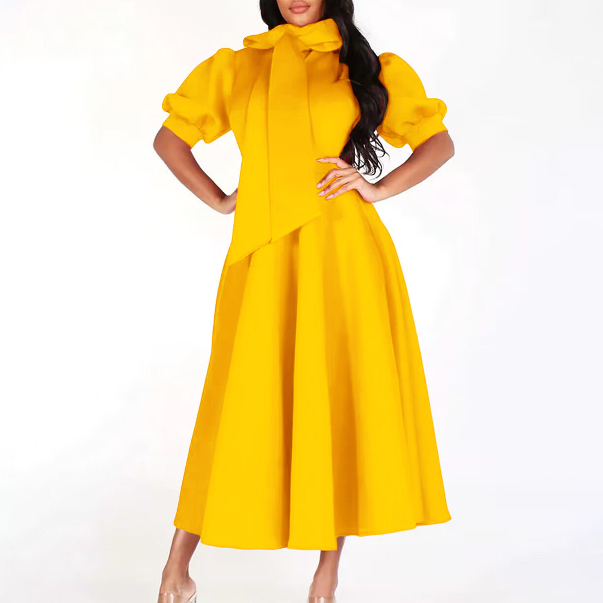 Elegant Puff Sleeve Solid Color Maxi Dress Waist Tie Flattering Fit Spring Summer Style Wholesale Available
