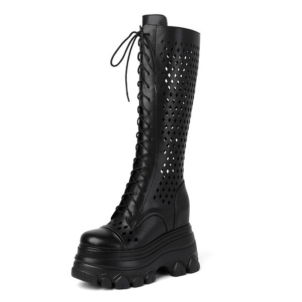 Boot Nữ Dáng Dài Da Thật Khoét Lỗ Chiều Cao Đế Khoảng 12cm Màu Hồng, Đen, Kem