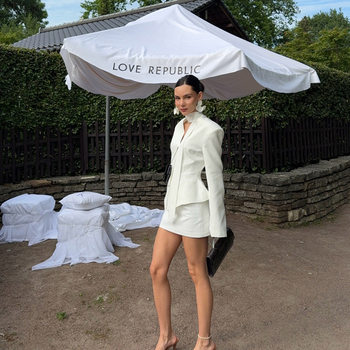 Commuting Fashion Skirt Suit Autum New Style Scarf V Neck Long-Sleeved Waist Suit Jacket Hip-Covering Skirt Two-Piece Set