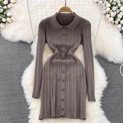 Vintage Inspired Long Sleeve Polo Dress Slim Fit Waist Defining Knitted Fabric Autumn Fashion for Women Wholesale