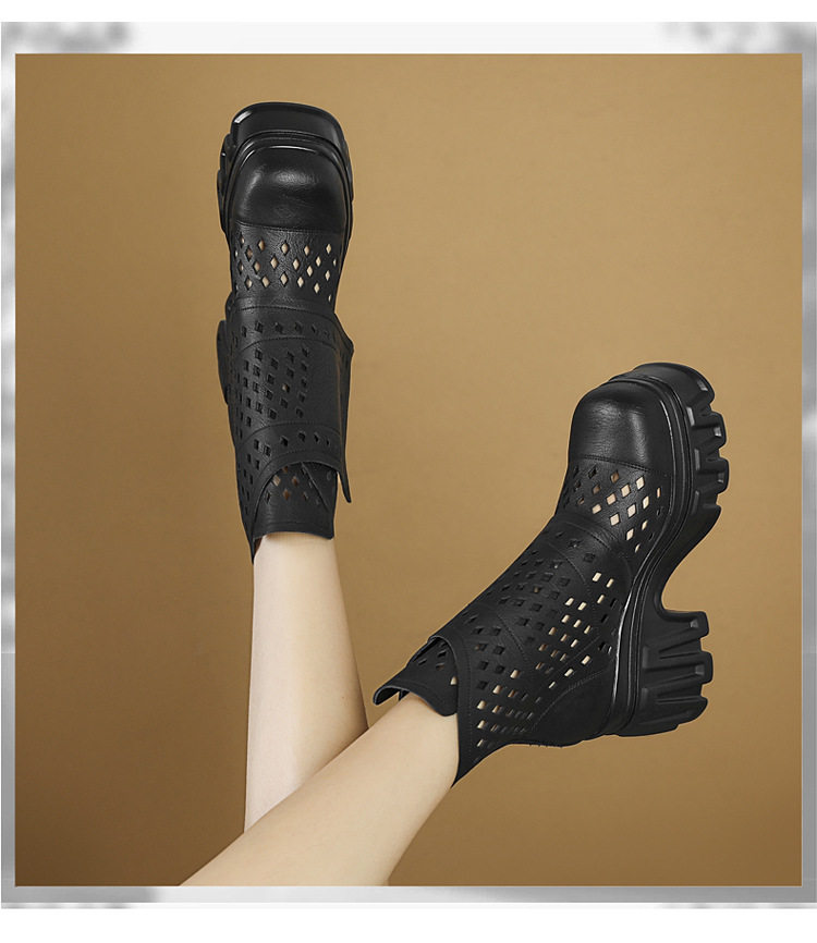 Sandal cao gót nữ hở mũi da bò lỗ khí mùa hè, gót siêu cao 8 cm, phong cách Martens — [Trắng], [Hồng], [Kaki đậm], [Đen] chi tiết 2