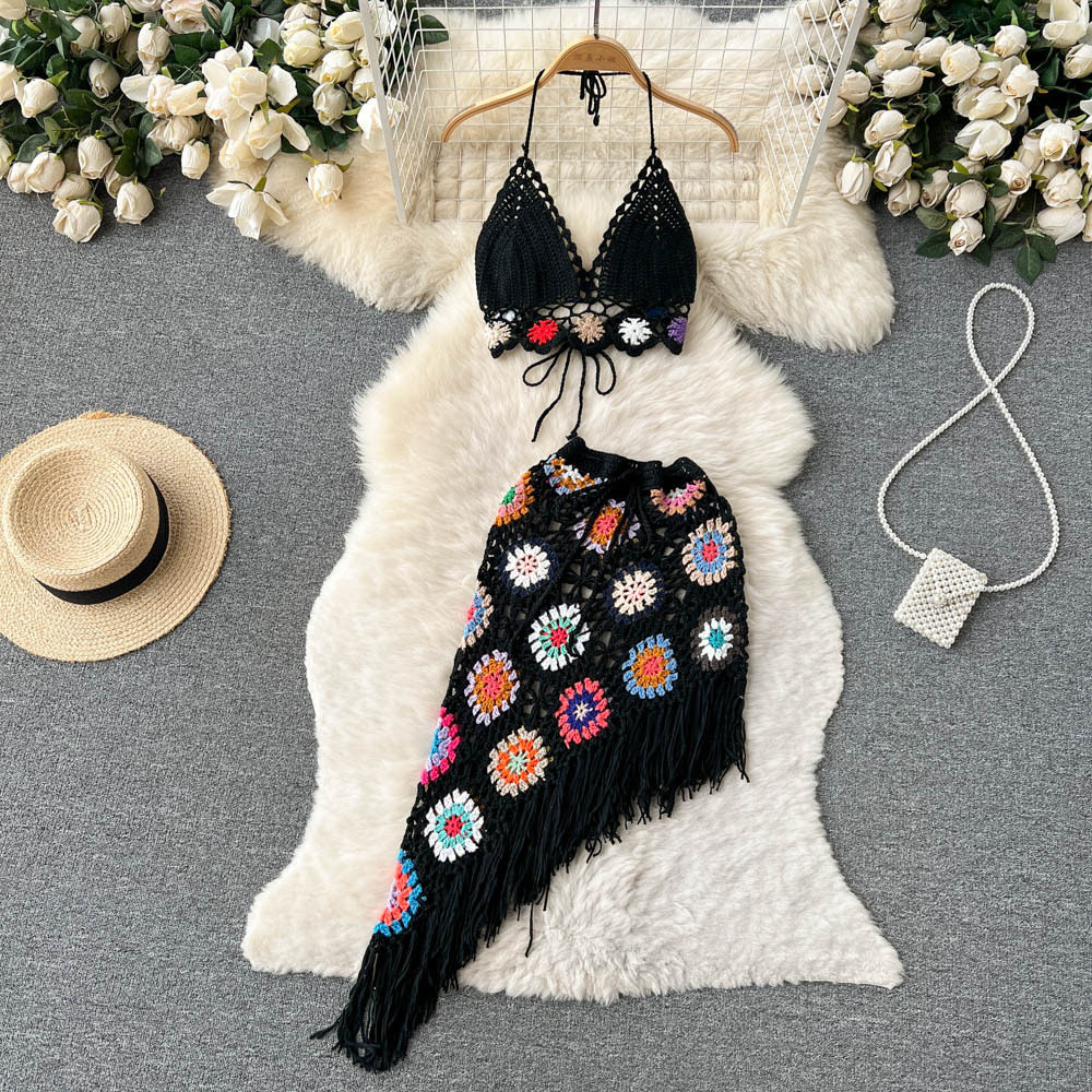 Summer Bohemian Knitted Hollow Crochet Neck V-Neck Tube Top + Irregular Skirt Two-Piece Suit
