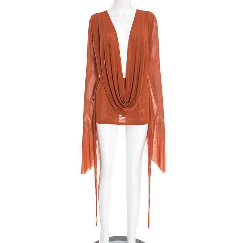 D25DS222 欧美跨境新款女装网纱荡领大摆长袖露背A字短袖连衣裙女