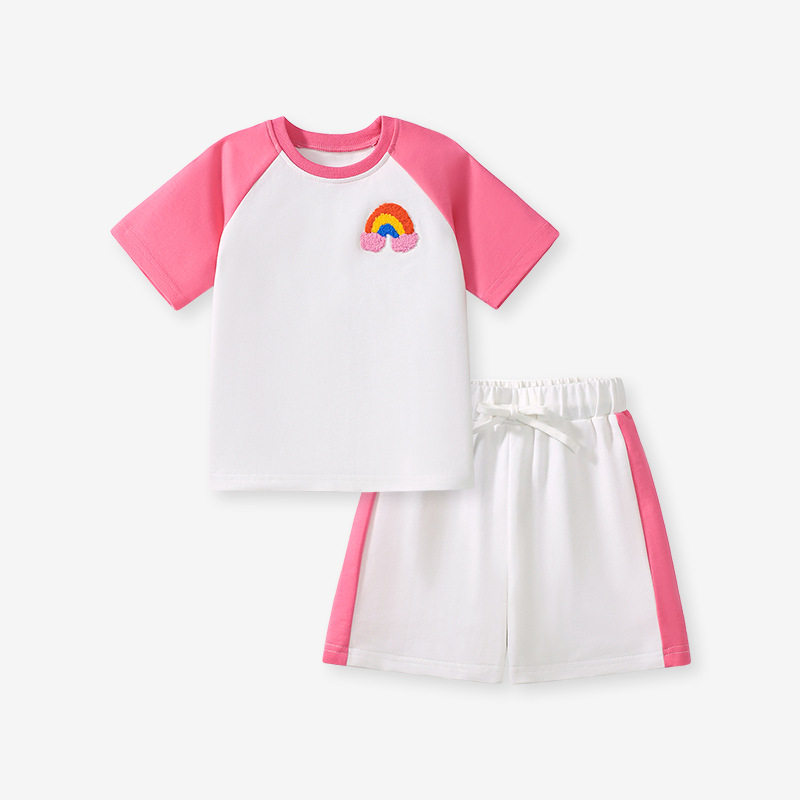 Girls' Summer Cotton Short-Sleeve Set, Stylish Towel Embroidery Kids' Outfit
