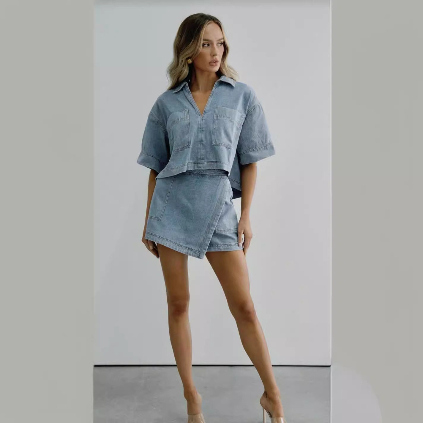 Plaid Casual Denim Suit Women's Summer Loose Slimming Look Polo Short-Sleeved Shirt Asymmetrical Culottes Two-Piece Set