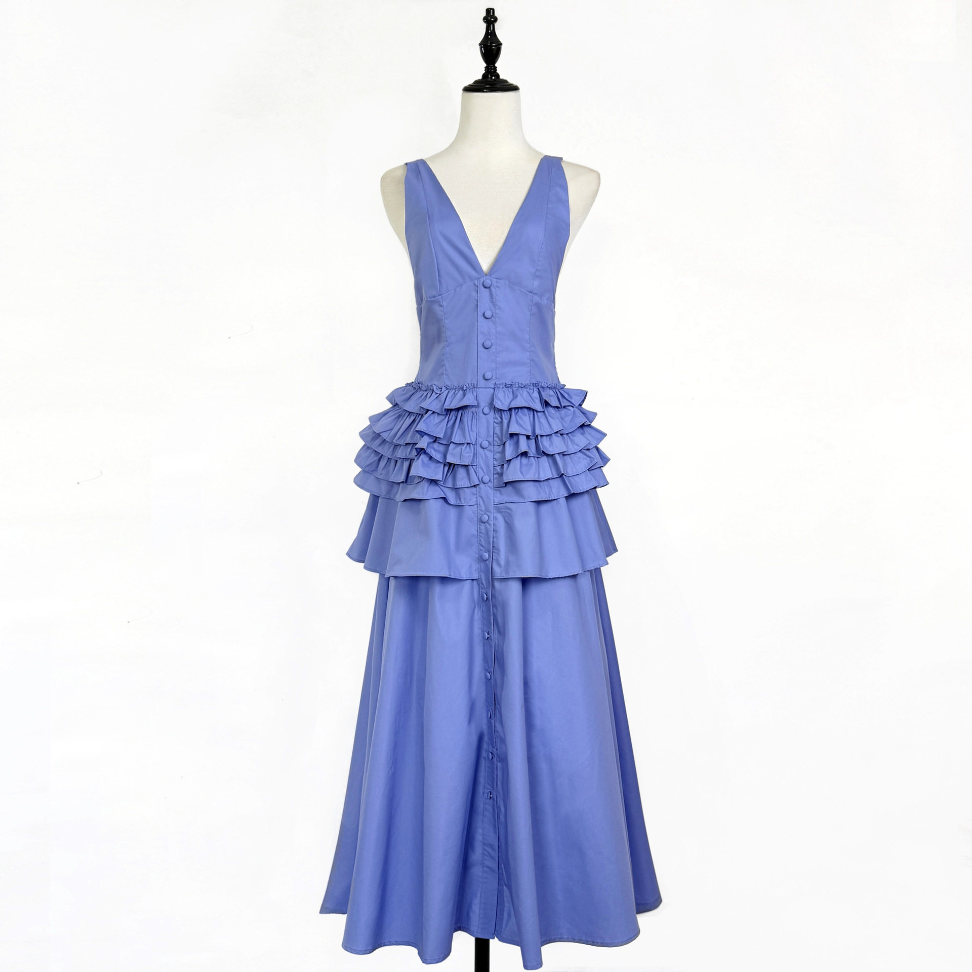 Summer Maxi Dress Solid Color V Neck Backless Flowy Design Vacation Wear Elegant Style Wholesale Available