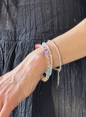 夏季糖果色系水晶百搭叠戴紫水晶海蓝红兔毛ins风手串