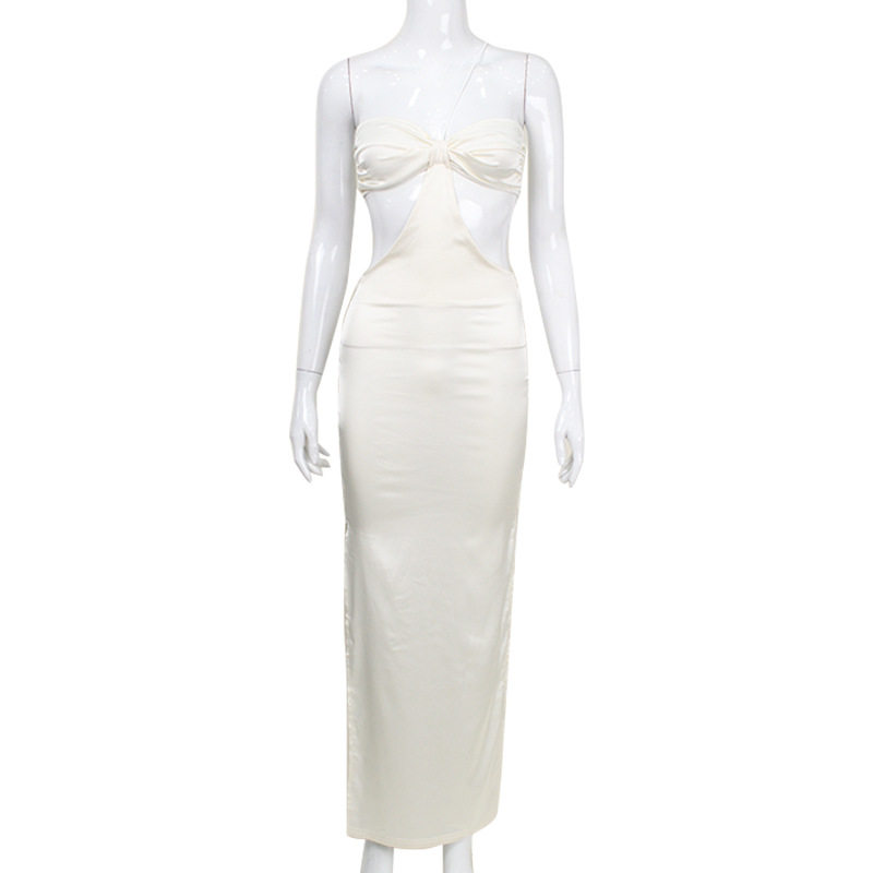Chic Strapless Halter Neck Dress High Waist Hollow Out Satin Fabric Elegant Evening Gown for Women Wholesale