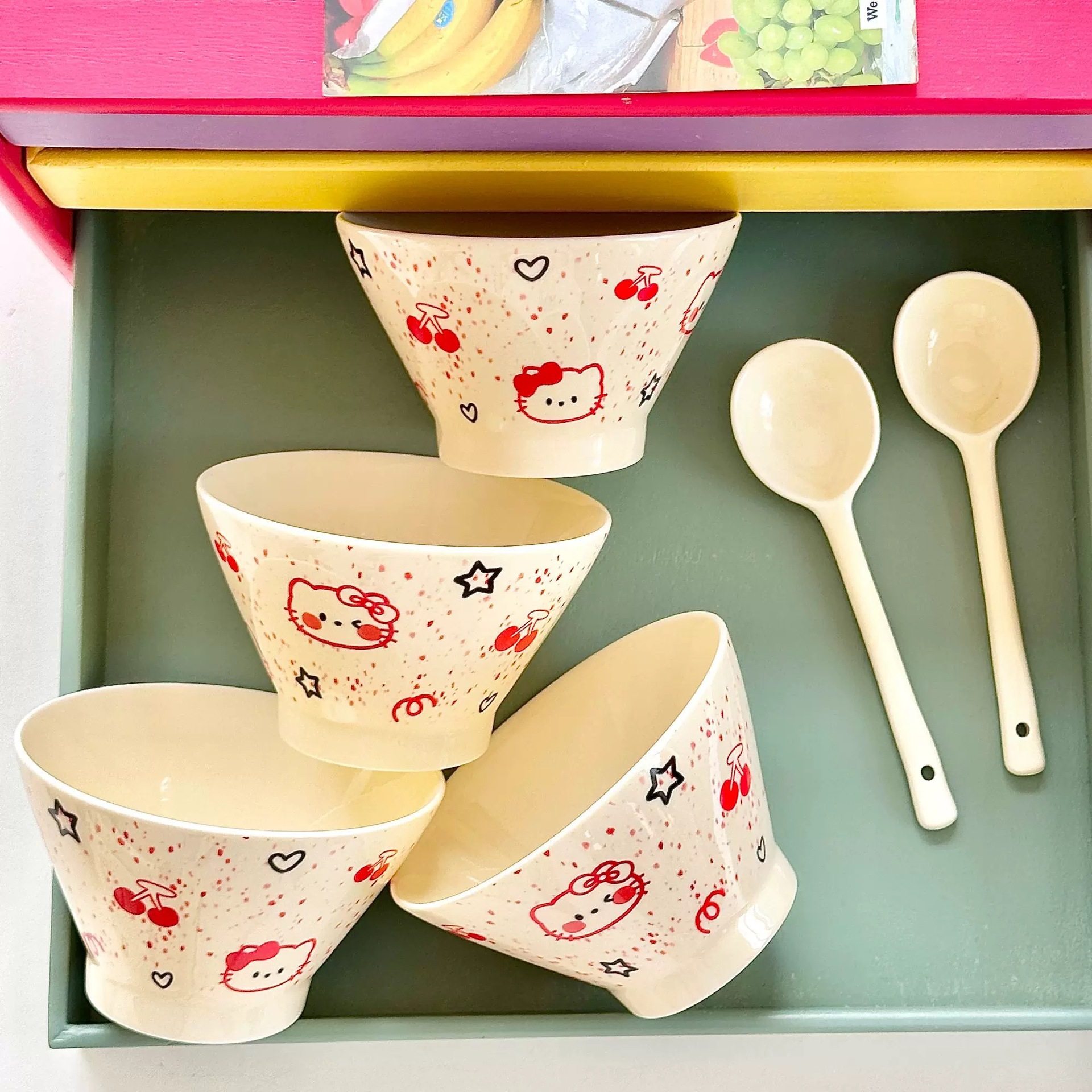 Japanese-Style Cartoon 5inch Ceramic Bowl Conical Bowl High-Value Internet-Famous Rice Bowl Household Rice Bowl Fruit Bowl Yogurt Bowl