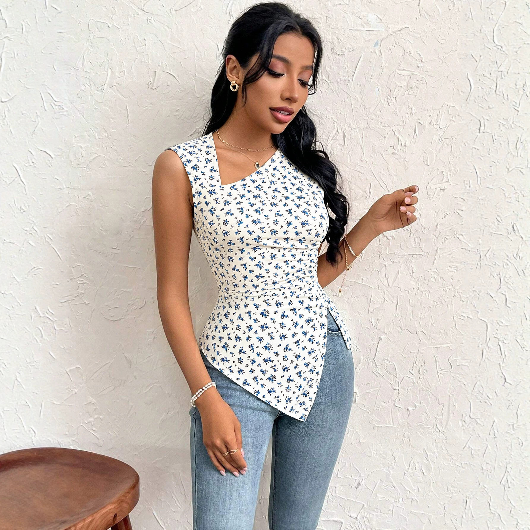 Floral Print Sleeveless Top Asymmetrical Design Waist Cinching Side Slit Casual Summer Wear Wholesale Available