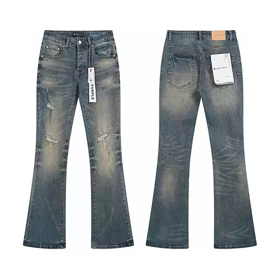 Cross-Border Trendy Brand Purple Brand Washed and Distressed Stretch Jeans Slightly Flared American High Street Trendy Men