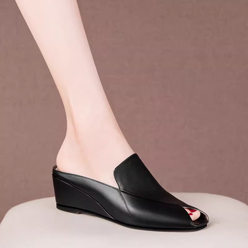 Dép sandal nữ mũi hở gót nêm 5cm phong cách tối giản, quai ngang dễ mang hằng ngày — Màu đen, Màu trắng be