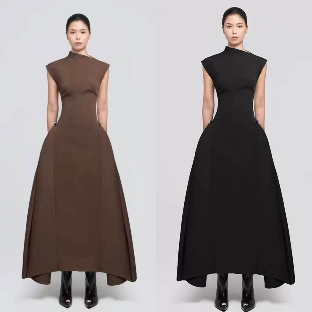 Đầm maxi nữ thắt eo không tay, dáng suông, phong cách thanh lịch — Đen, Xanh kaki