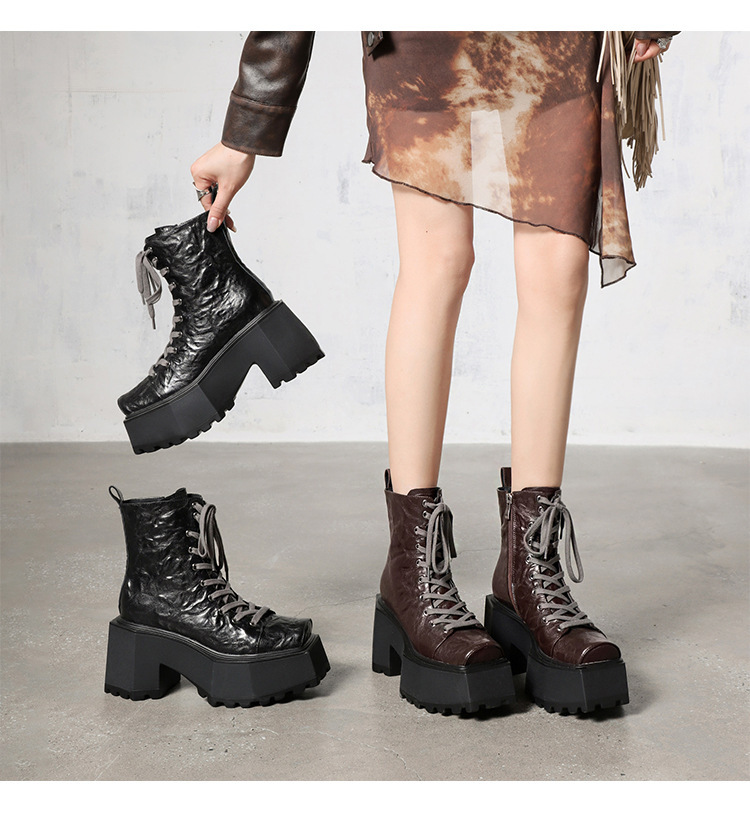 Boot Martin nữ đế dày 9cm mũi vuông gót thô tăng chiều cao — Màu đen lót một lớp, Màu đen lót nhung, Màu nâu lót một lớp, Màu nâu lót nhung
