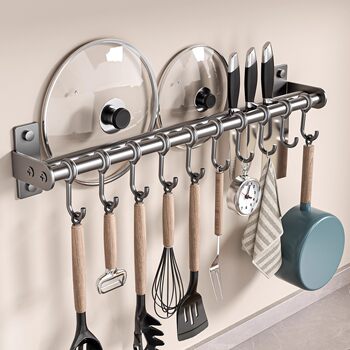Gun Gray Stainless Steel Kitchen Hook, Punch-Free Hanging Rod, Multi-Functional Wall-Mounted Spoon, Shovel, Knife Holder, Pot Lid Storage Rack