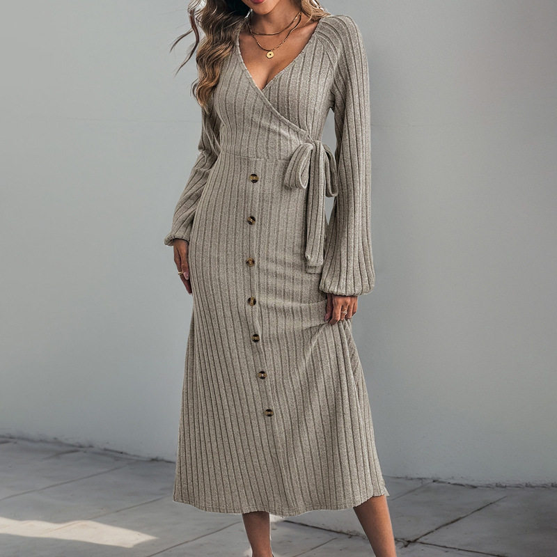 Knit Midi Dress Solid Color A Line Long Sleeve Comfortable Fabric Autumn Winter Fashion Wholesale Available
