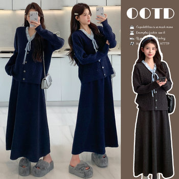 In Stock 2025 Autumn and Winter Thickeneded V-Neck Cardigan Maternity Sweater + Skirt Knitted Suit Maternity Two-Piece Set
