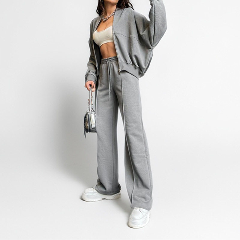 Womens Spring Sports Zip Up Hoodie Set Fashionable Solid Color Comfortable Fit Casual Style Wholesale Available
