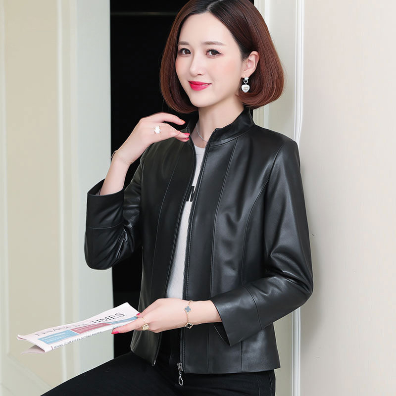 Áo Khoác Da Cừu Nữ Da Thật Dáng Ngắn Thanh Lịch Màu Đen, Xanh