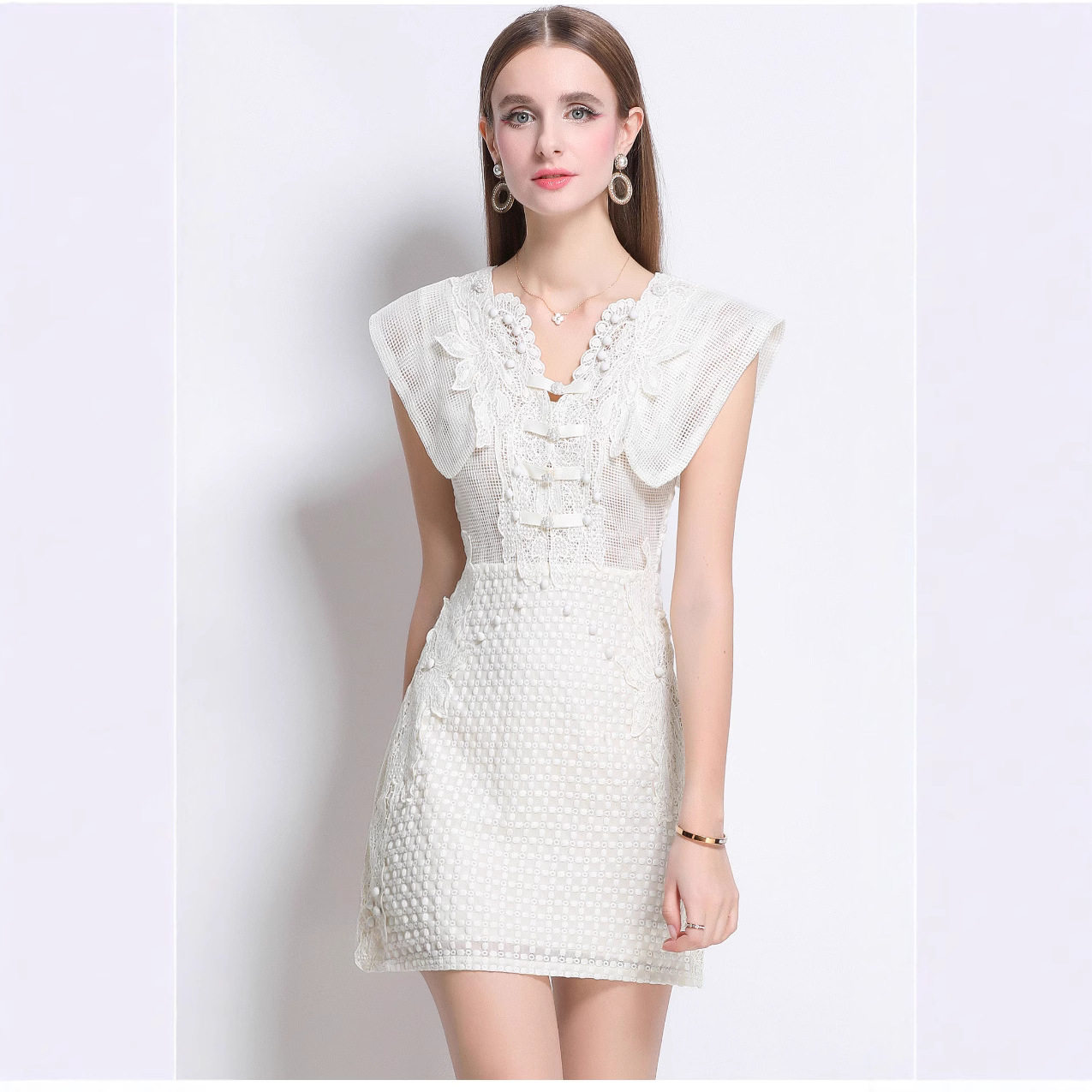 Summer Short Dress Hollow Out Breathable Fabric Sculptural Design Flowy Sleeves Casual Wear for Parties OEM