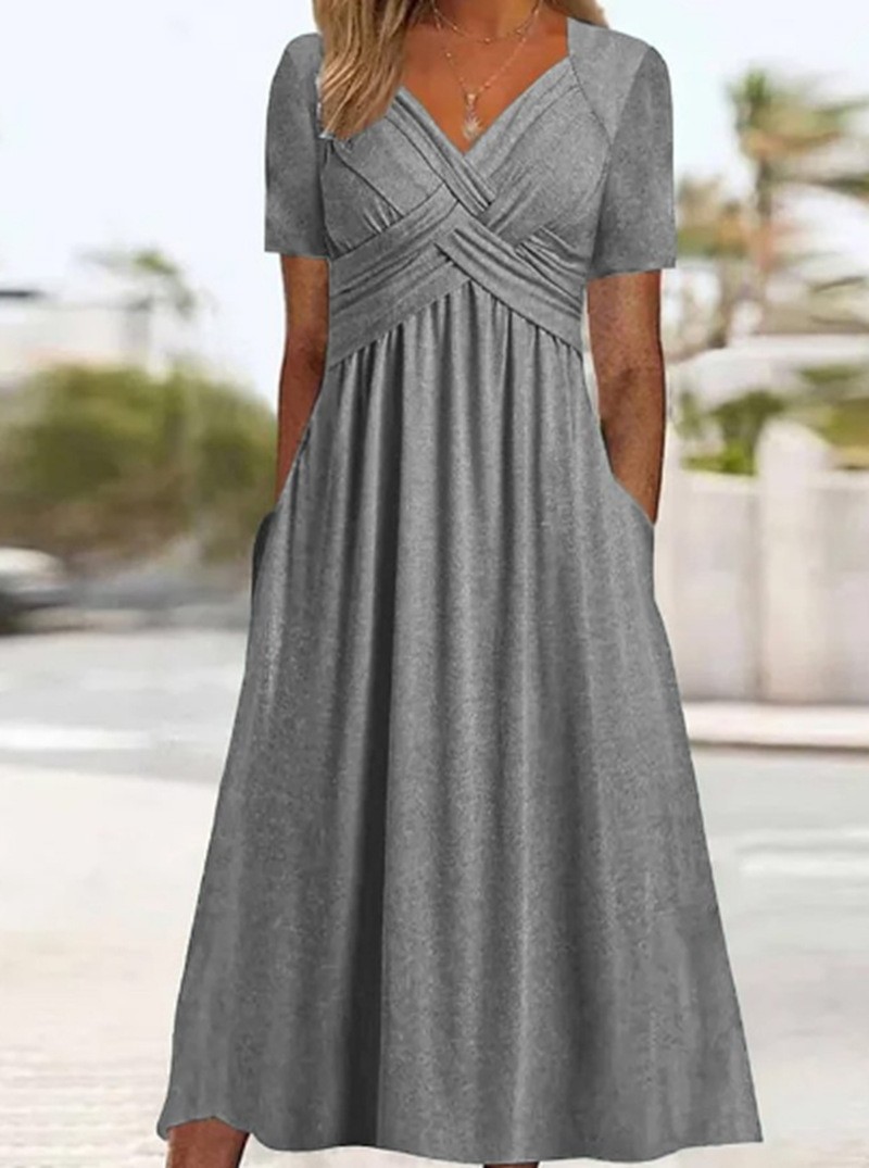 Summer Casual Solid Color V Neck Short Sleeve Pocket Dress for Women Trendy Comfortable Versatile Wholesale Available