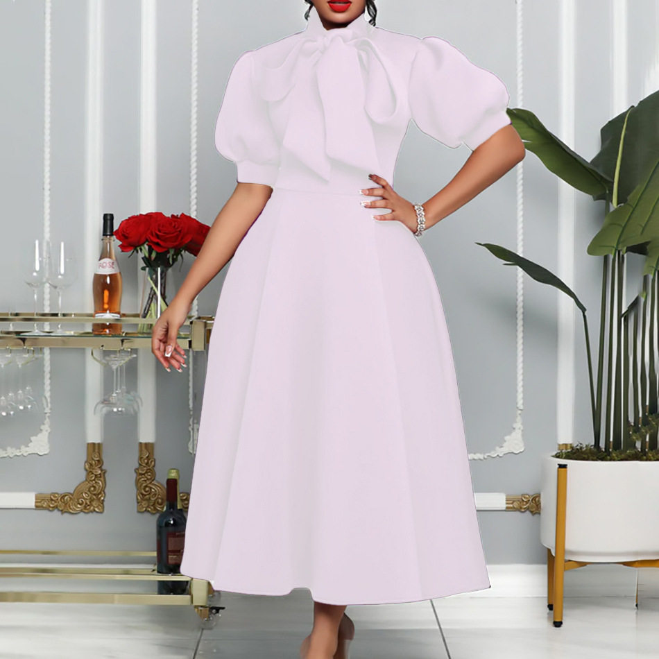 Plus Size Womens Summer Dress Solid Color Bow Tie Flared Hem Elegant Party Gown Wholesale Available