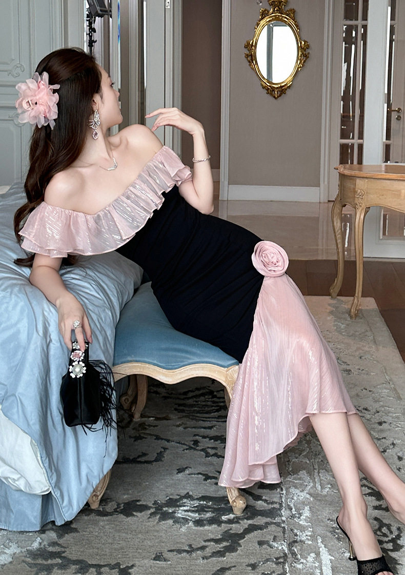 Đầm maxi nữ cổ vuông ôm eo phối ren đuôi cá — [Đen] chi tiết 5