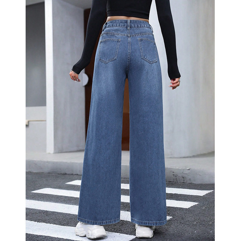 High Waisted Wide Leg Jeans Loose Fit Straight Cut Durable Denim Casual Wear for Women Wholesale Available