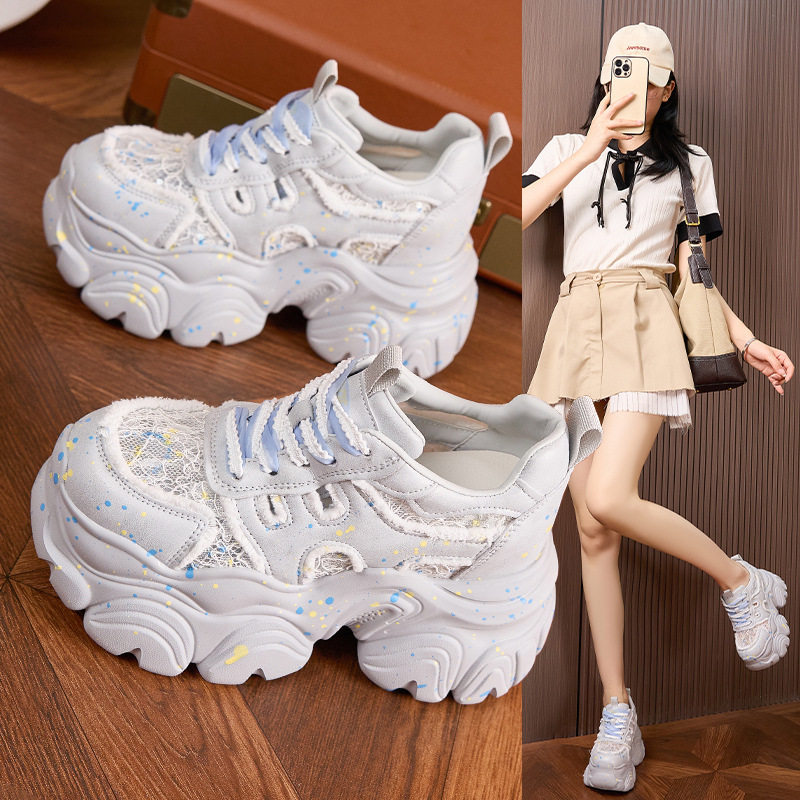 Giày cao gót nữ đế xuồng platform lưới thoáng khí, gót siêu cao 8cm, mũi tròn, quai khóa trước — Trắng, Bạc